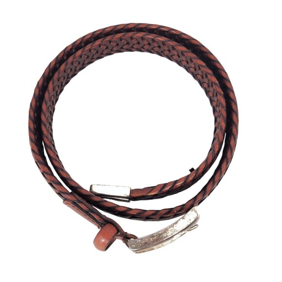 Vintage Unisex Woven Leather Belt Brown Silver Buckle 40.5" length size Large - Picture 5 of 7